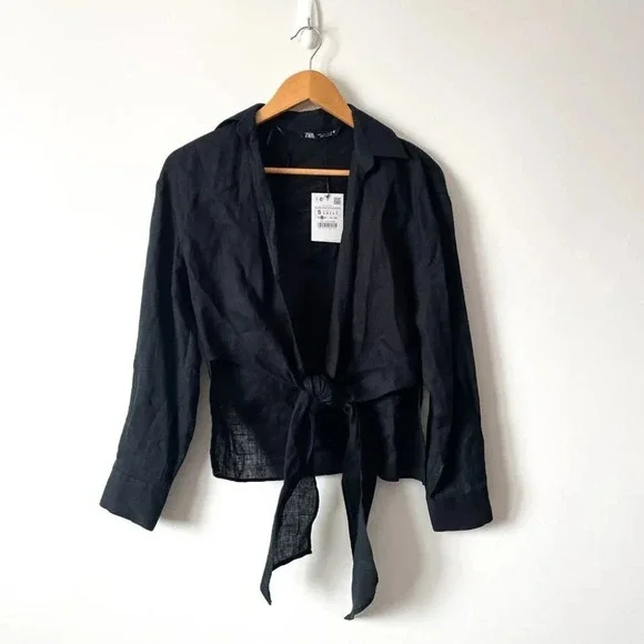 Zara Linen Tie Shirt With Knot Black NWT  Size Small - Picture 8 of 11